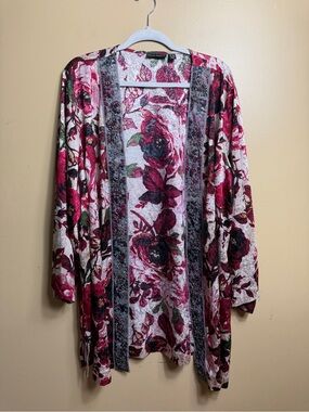 Susan Graver Artisan Floral Kimono Cardigan Beaded Trim Plus Size 2X red